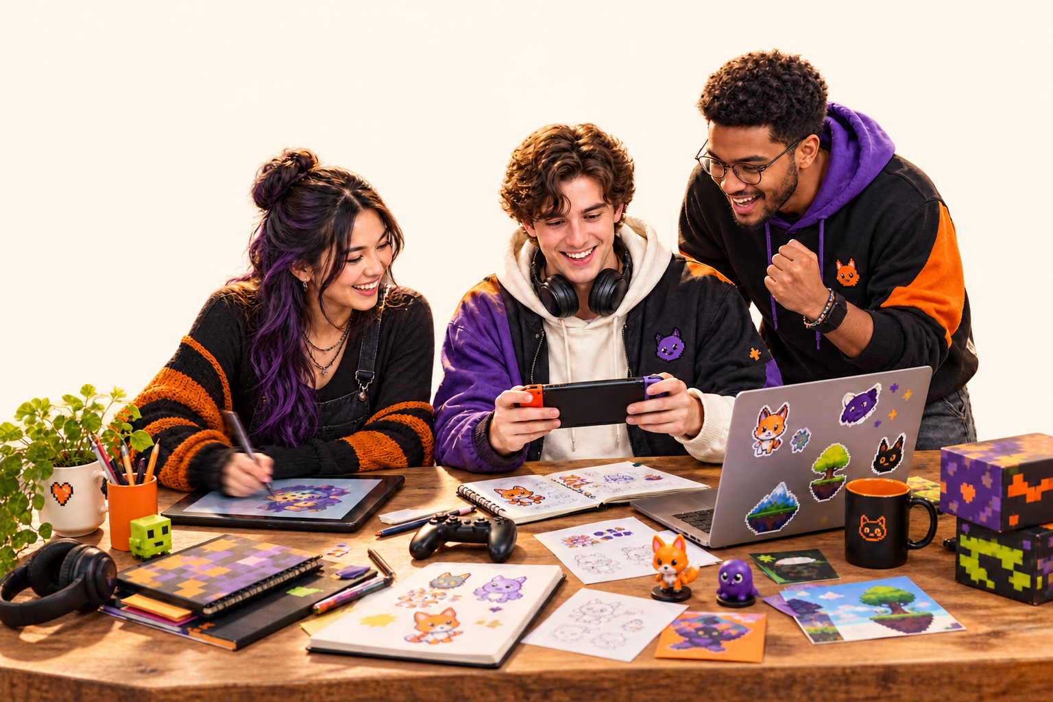 Three Bhippi developers making and testing a game together
